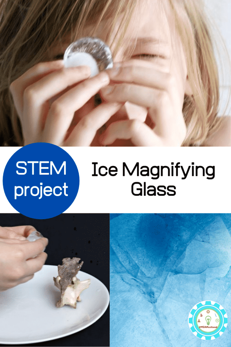 A child holds up a pice of ice to their eye as if it is a magnifying glass. (easy science experiments)