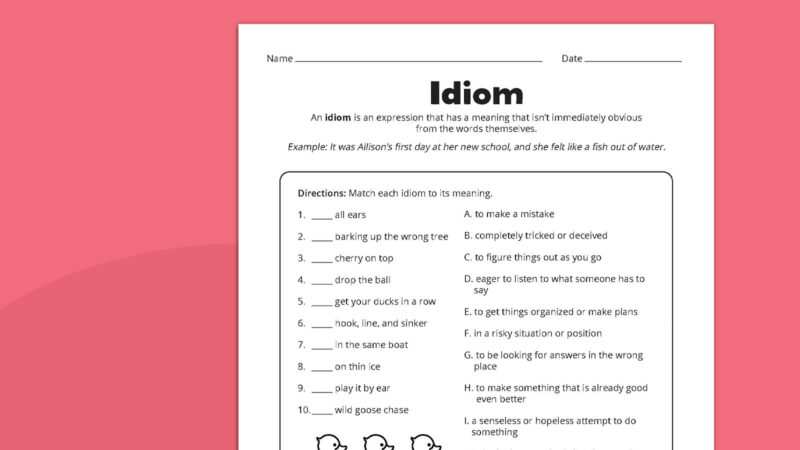 Flat lay of idiom worksheet