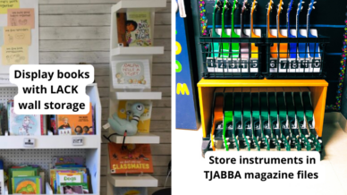 Examples of IKEA products in classrooms including LACK wall storage for displaying books and TJABBA magazine files for storing ukuleles.