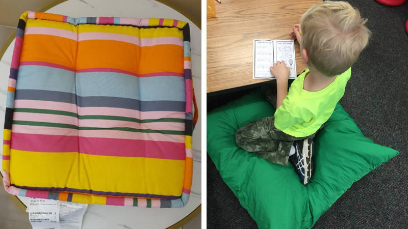 Split image of colorful Ikea floor cushion and student sitting on green Ikea floor cushion while writing at a table. 