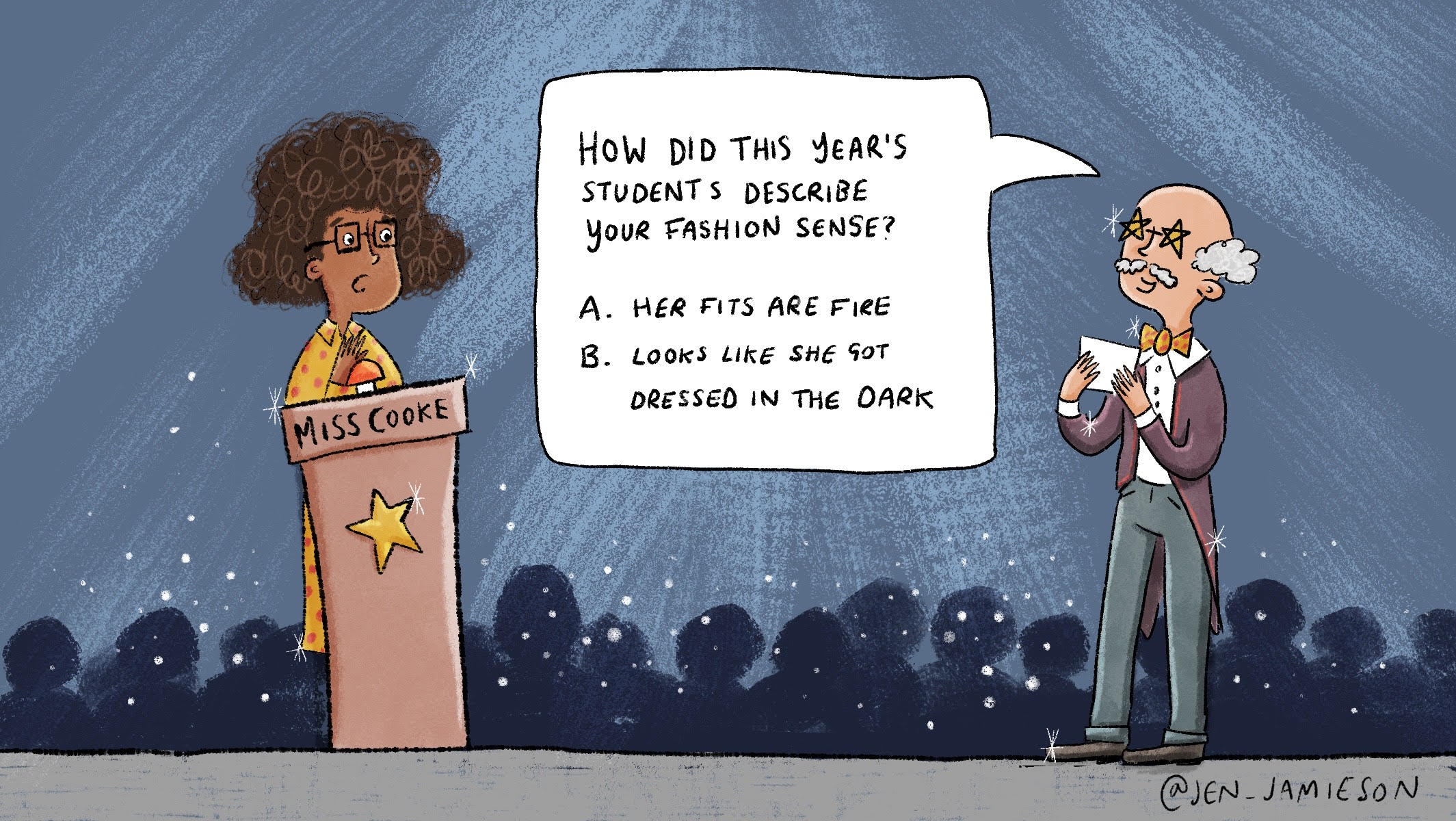 Illustration of a game show host asking a teacher contestant what students think of her fashion choices