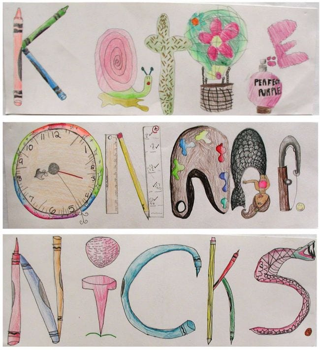 A fifth grade art project featuring students' names