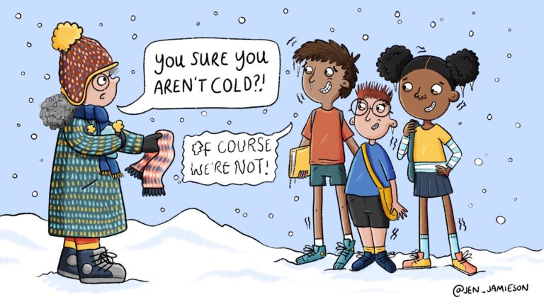 Illustration of group of students wearing shorts in winter
