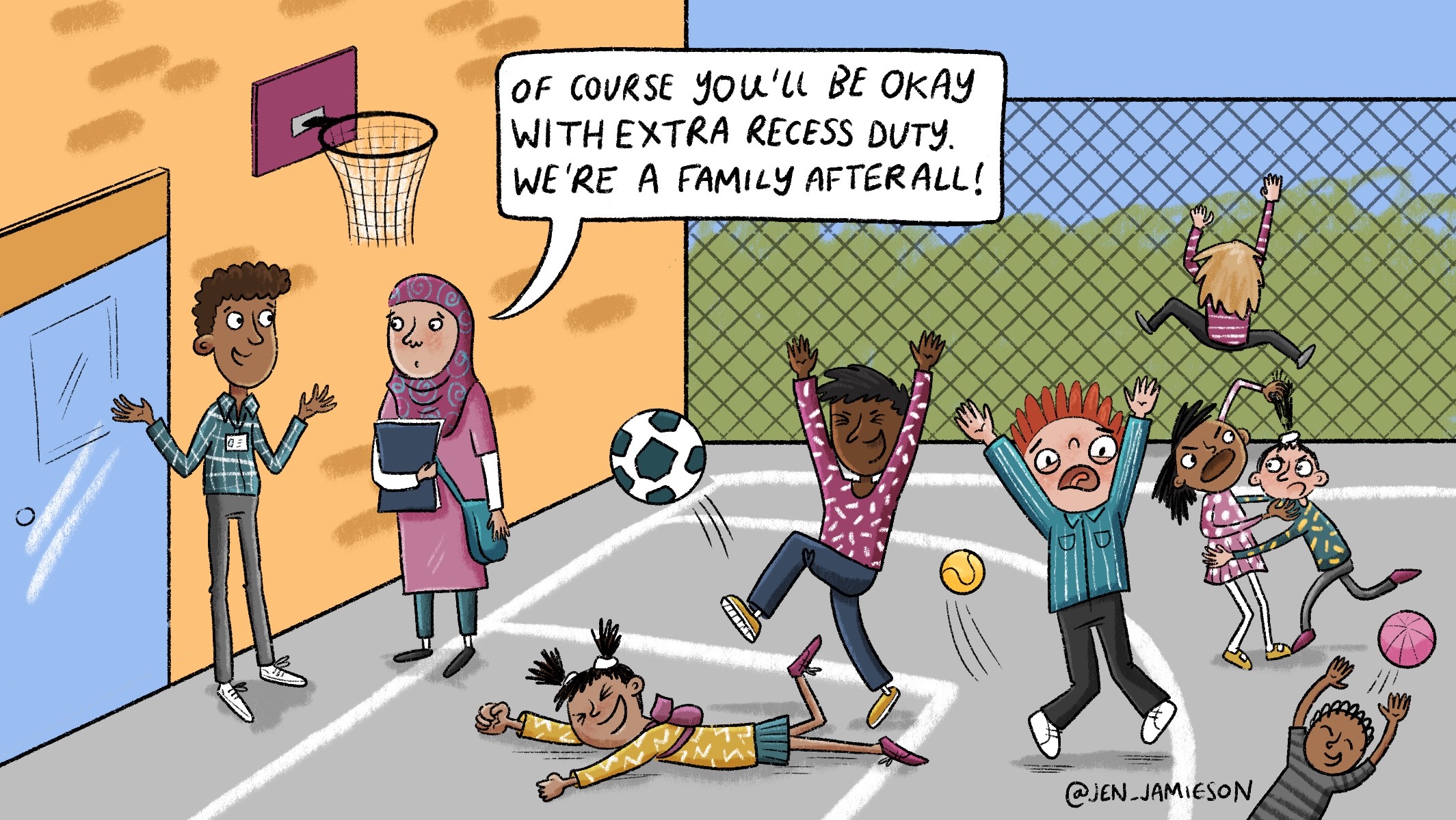 Illustration of a teacher on recess duty considering whether schools should be like a family