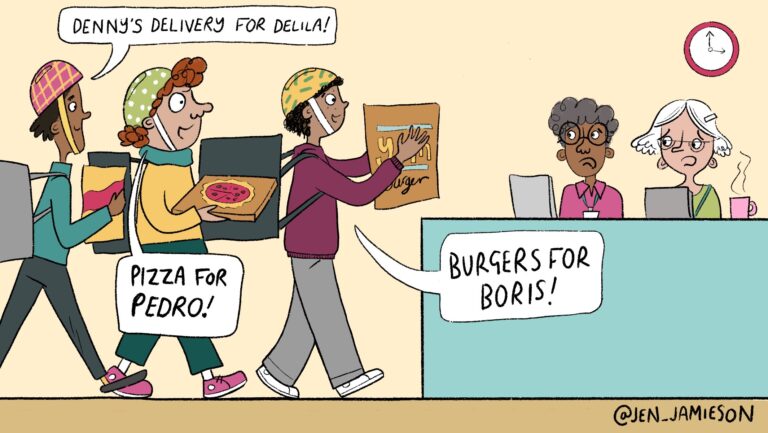 Illustration asking whether students should be allowed to DoorDash