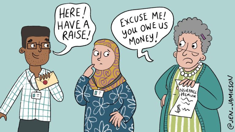 Illustration of teacher whose raise doesn't cover insurance