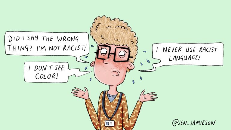 Illustration of teacher wondering why students say he's racist