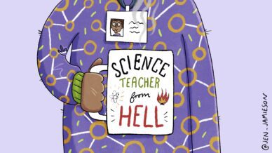 Illustration of a teacher holding a Science Teacher From Hell mug