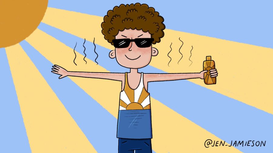 Illustration of student waiting for teacher to put sunscreen on