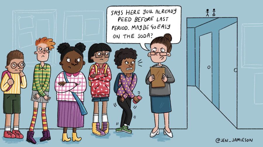 Illustration of cancelled bathroom breaks at a school