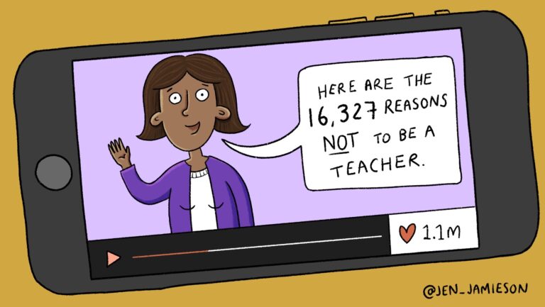 Illustration of a TikTok of teacher talking about how teaching is miserable