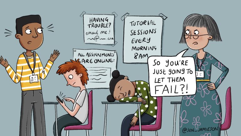 Illustration of principal accusing teacher of letting kids fail