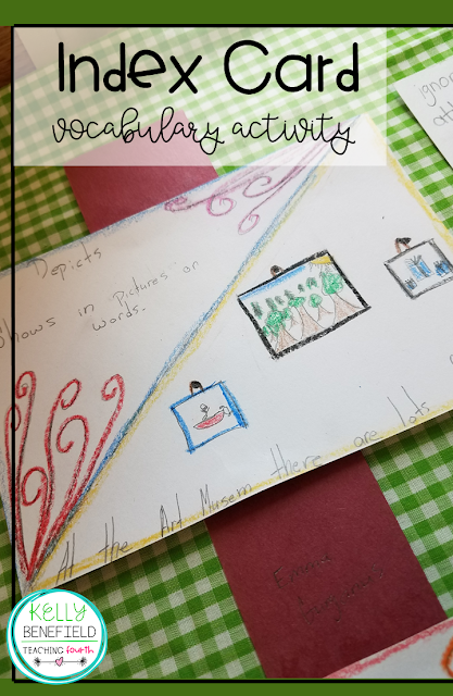 An index card decorated with vocabulary activities