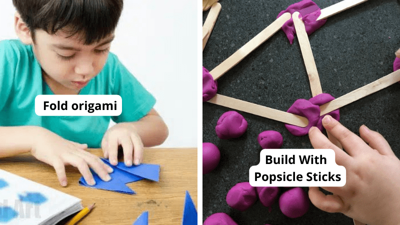 Boy folding origami and hands building with popsicle sticks, as examples of indoor recess ideas