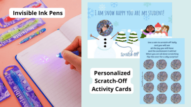 Inexpensive gift ideas for students including invisible ink pens and scratch-off activity cards