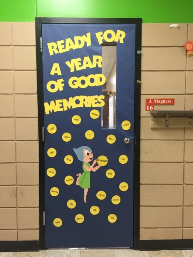 ready for a year of good memories. inside out Joy themed classroom door 