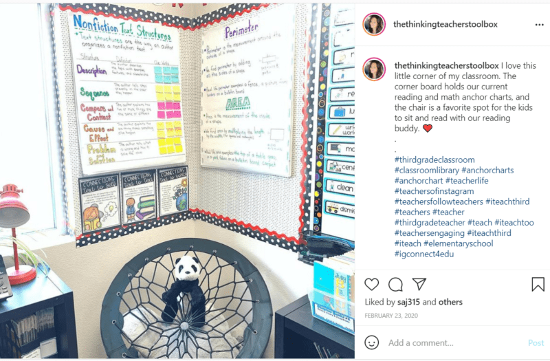 Classroom corner with bulletin boards for English and math with chair and panda bear