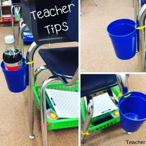 Instagram-worthy teacher hacks include these cups secured to the legs of desks with zip ties.