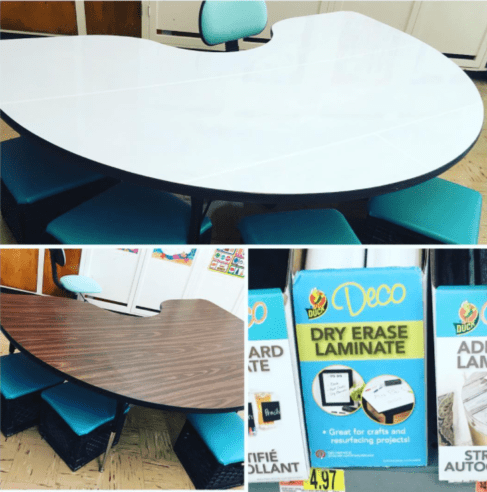 Three photos show a half moon teacher's desk that has a dry erase board laminate attached to the top of the previously wooden desk so students can write on it. This desk is an example of Instagram-worthy teacher hacks.