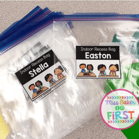 Plastic bags are labled with students name and are for toys for parents to put in to be played with during indoor recess.
