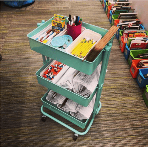 A mint green rolling cart is filled with school supplies.
