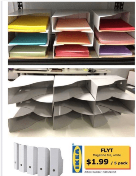 Instagram-worthy teacher hacks include the ikea magazine files that are shown holding different colored paper.