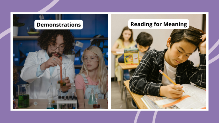 Collage of instructional strategies examples including demonstrations and reading for meaning