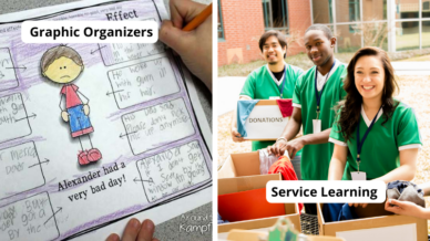 Examples of instructional strategies including a closeup of a student filling out a graphic organizer and a group of teens collecting donations in boxes for a service learning project.