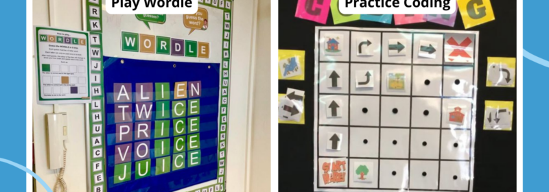 Examples of two interactive bulletin boards: a coding board and a Wordle board.
