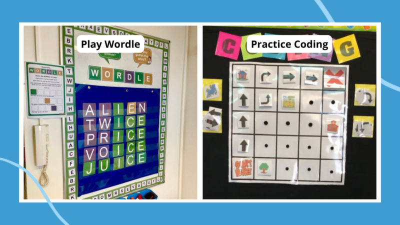 Examples of two interactive bulletin boards: a coding board and a Wordle board.