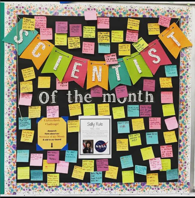 Scientist of the Month bulletin board about Sally Ride, with student-researched facts on sticky notes