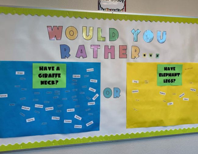 Would You Rather interactive bulletin board asking would you rather have a giraffe neck or elephant legs?