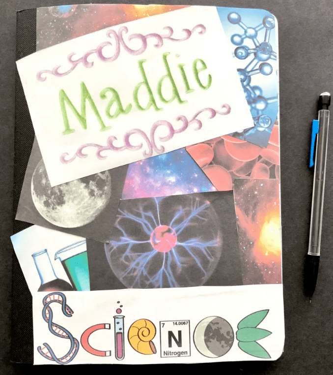 Personalized science notebook cover for a student named Maddie, with printed pictures of science-related images