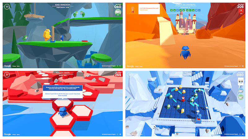 Collage of four scenes from Google's internet safety game Interland
