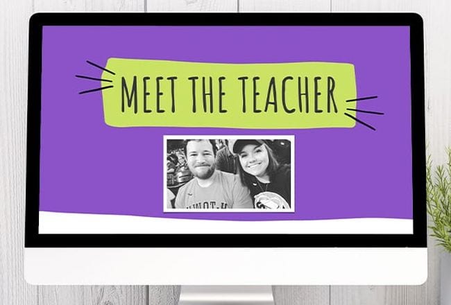 Computer monitor showing a Meet the Teacher slideshow (Introduce Yourself to Students)