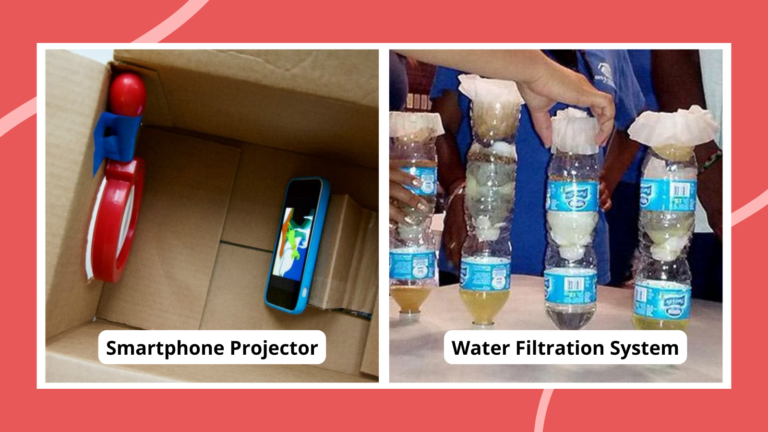 Collage of invention ideas for kids, including smartphone projector and water filtration system