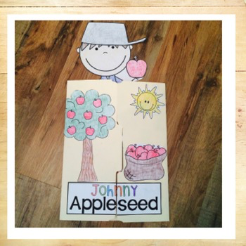 Johnny Appleseed lapbook with an apple tree, sun, sack of apples, and Johnny cut out on a file folder. 