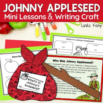 Johnny Appleseed ELA writing activity with a knapsack shaped cutout for writing about Johnny and what is in his knapsack.
