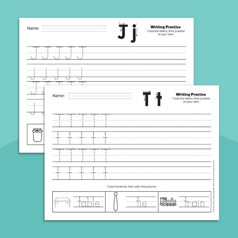 Letter tracing worksheets for j and t