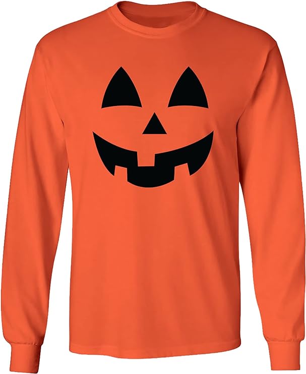 An orange long sleeve shirt is designed to look like a smiling Jack O' Lantern.