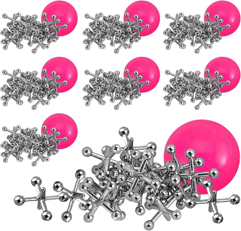 Eight sets of metal jack with pink balls