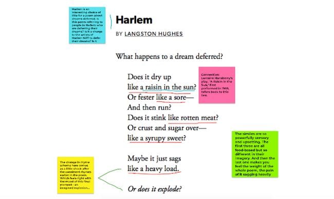 Langston's Hughes' poem Harlem annotated with underlining and sticky notes