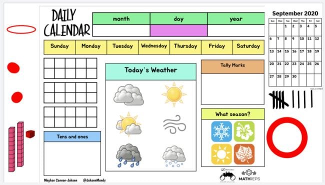 Morning meeting template with calendar, weather icons, base 10 blocks, seasons, tally marks, and mroe