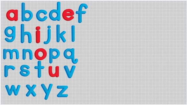 Gray screen with moveable icons of blue lower case alphabet letters, with vowels in red