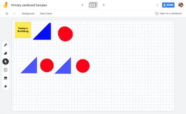 Graph paper with blue triangles and red circles in a pattern (Jamboard)