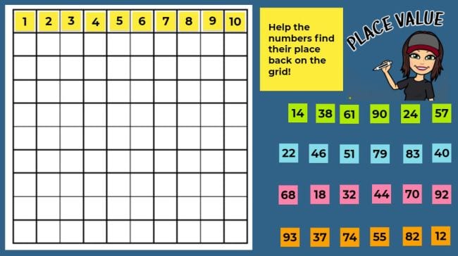 10 x 10 grid with movable digital number sticky notes (Jamboard)