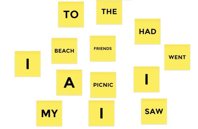 الملاحظات اللاصقة الرقمية الصفراء بكلمات مختلفة مثل I و To و Beach وما إلى ذلك.