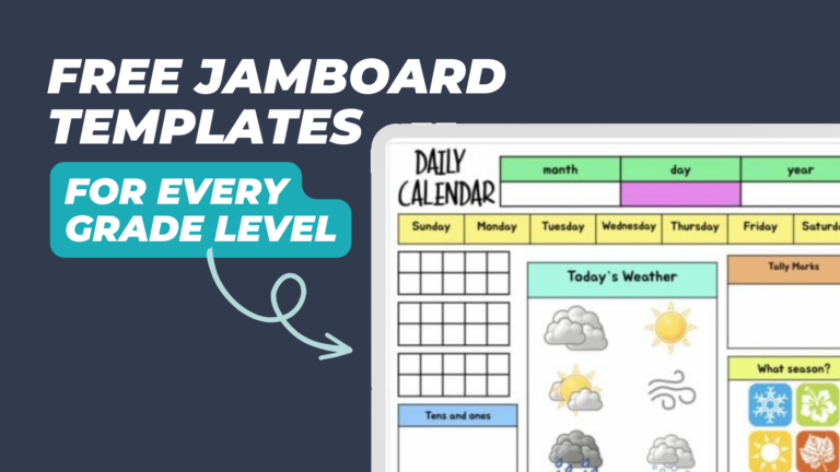 Free Jamboard templates for every grade level with an arrow pointing to a jamboard template on a tablet.