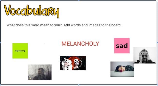 Jamboard with word melancholy in the middle, with images and sticky notes showing the meaning