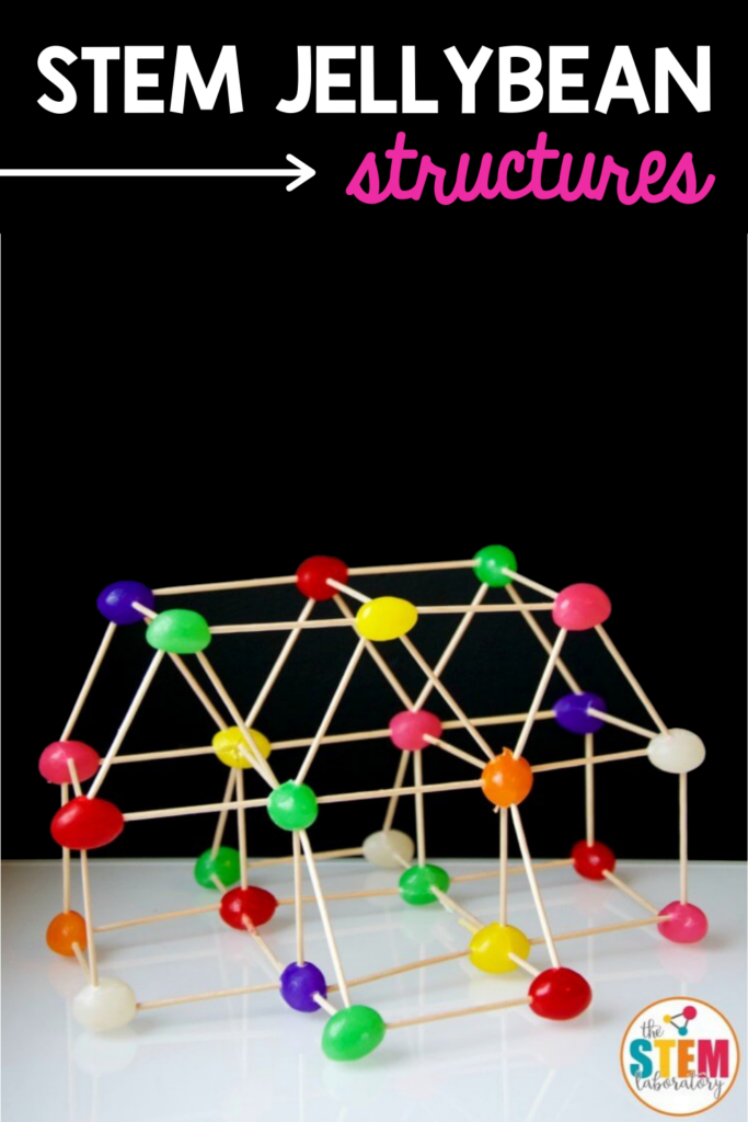 Toothpicks and rainbow colored jelly beans form a structure. 